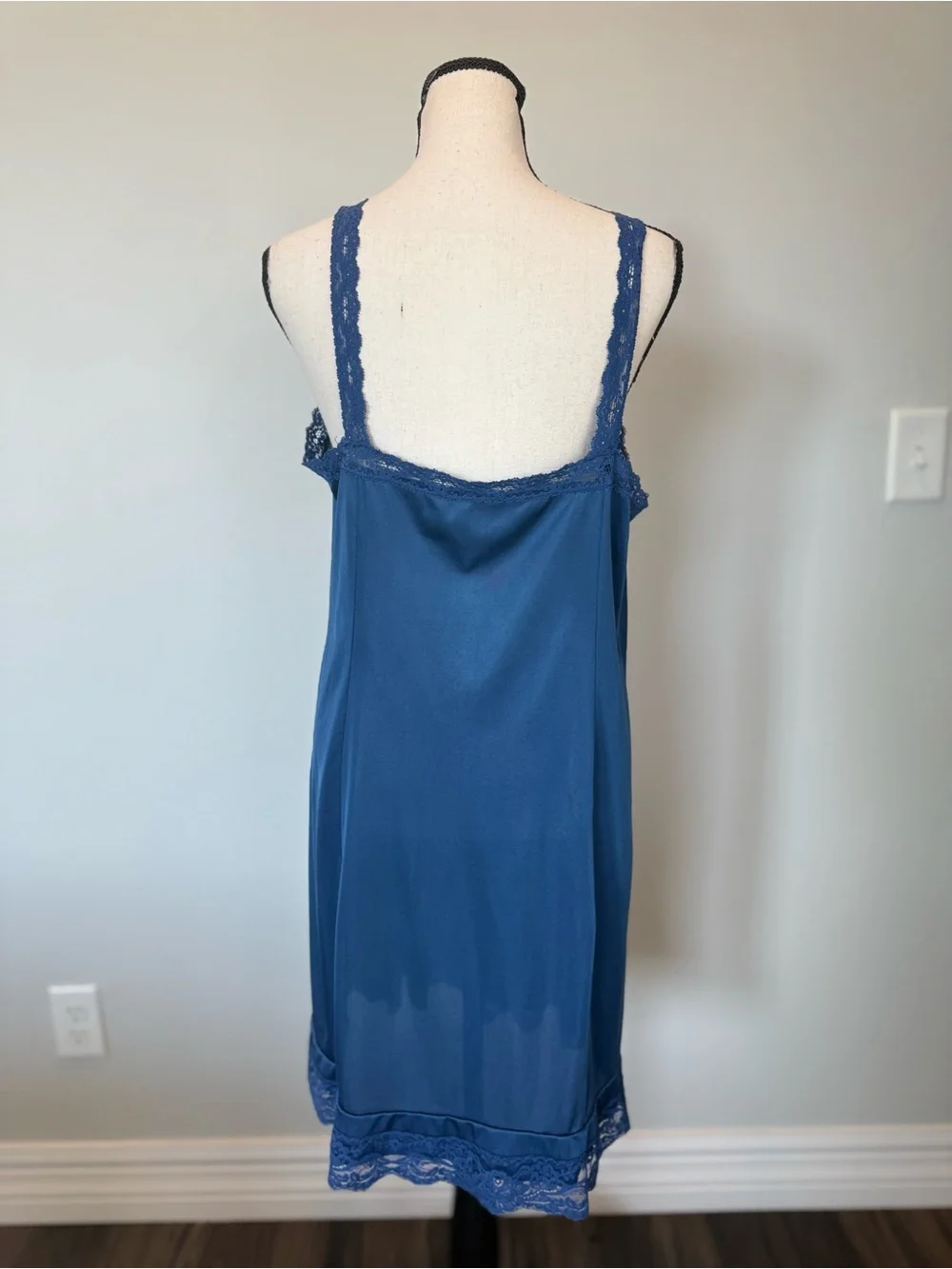 Vintage Sheer Elegance Blue Lace Trim Full Slip Nightgown USA Made Lingerie